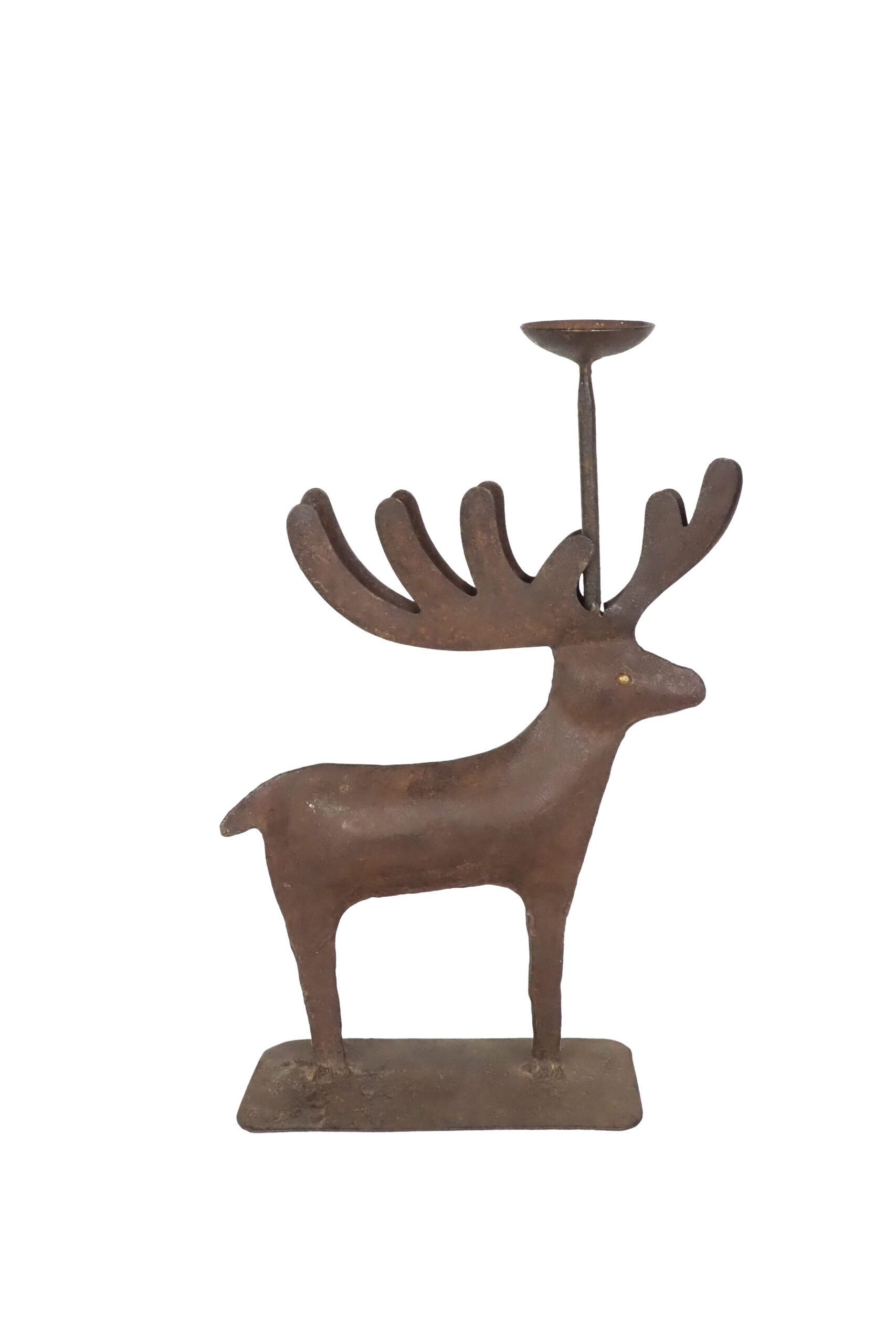 A Folk Art Moose Candlestick. This characterful Indian metal Moose is hand crafted from reclaimed rusty metal. Sourced by Wildmore.