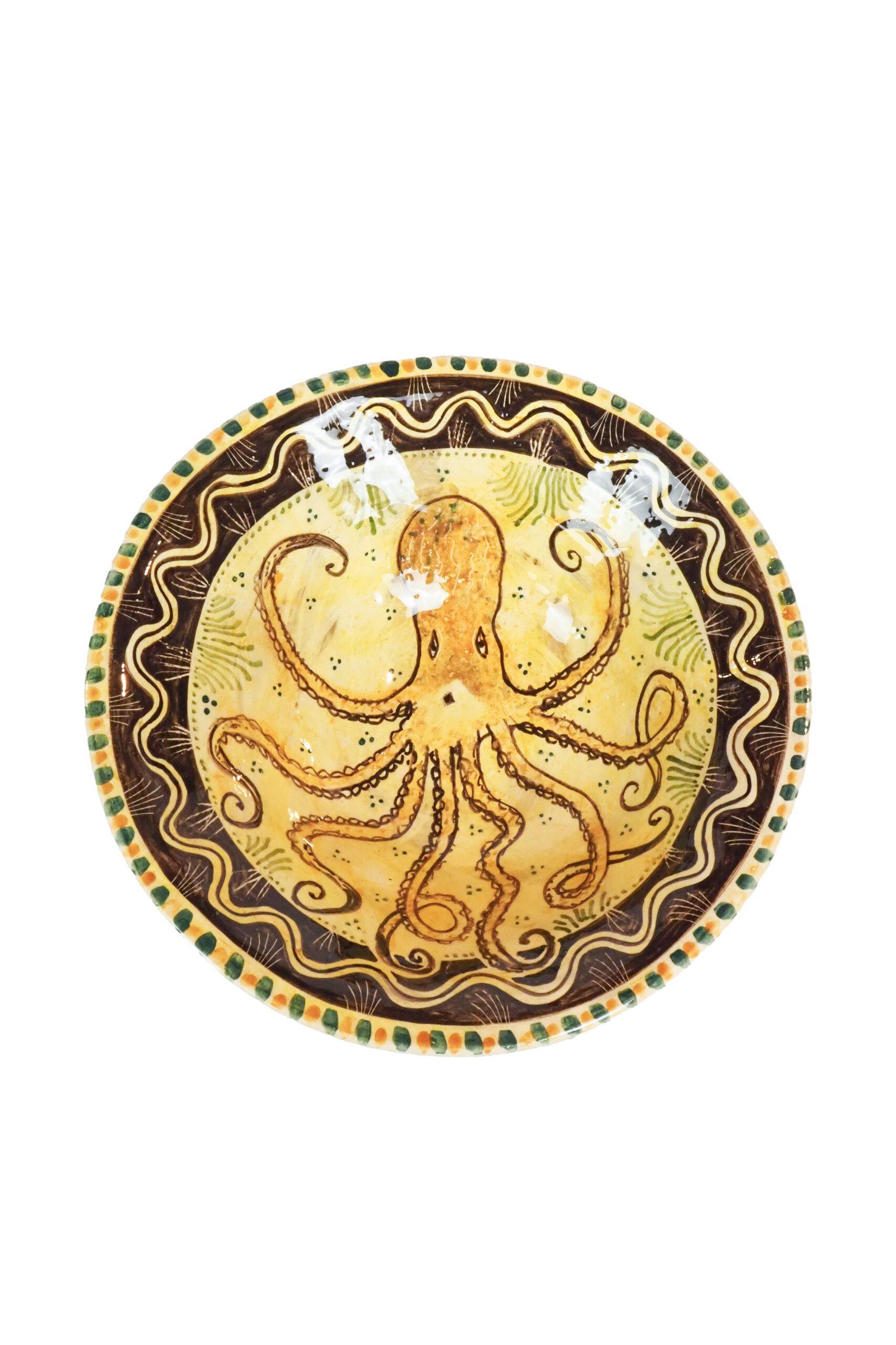 A Pottery Medium Octopus Serving Dish featuring a wonderful octopus and an intricately hand painted pattern. Exclusively hand made and decorated by Shun Clark for Wildmore. Octopus bowl