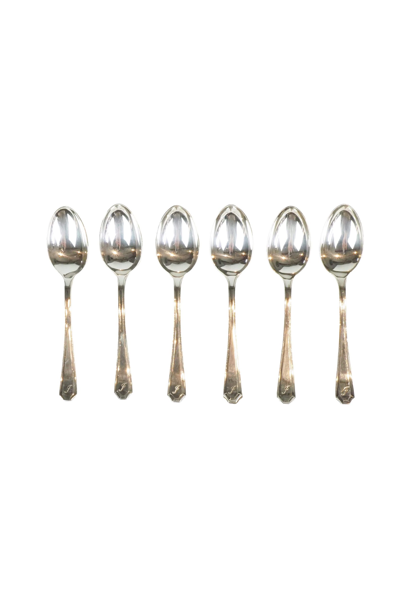 This set of 6 Vintage Silver Plate Teaspoons are monogrammed J. The stylish handles give a classic look to these antique teaspoons.