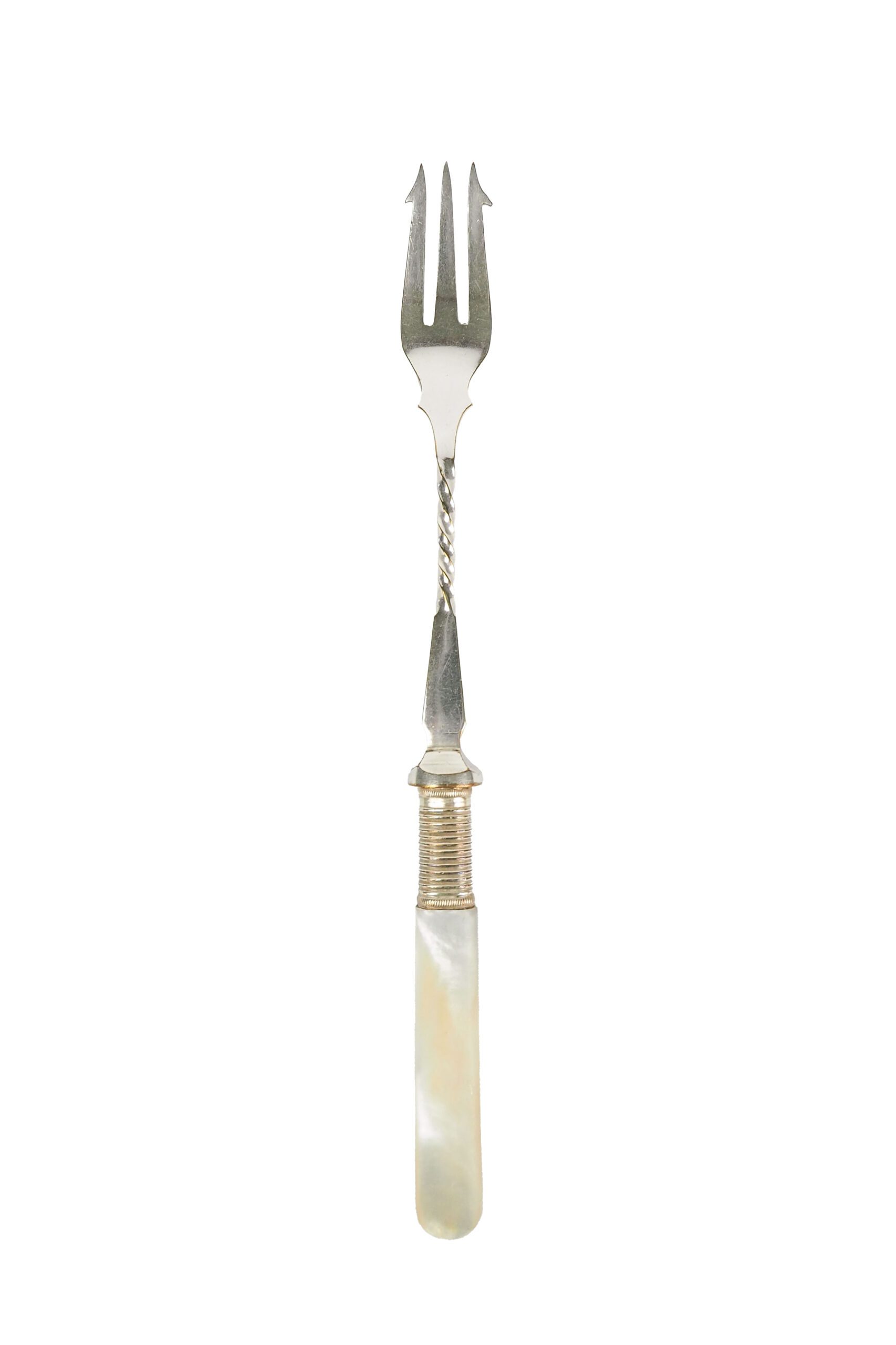 This Antique Pickle Fork is the perfect piece for your kitchen. With a beautiful Mother of Pearl handle and a Silver Plated neck and barbed prongs. Wildmore