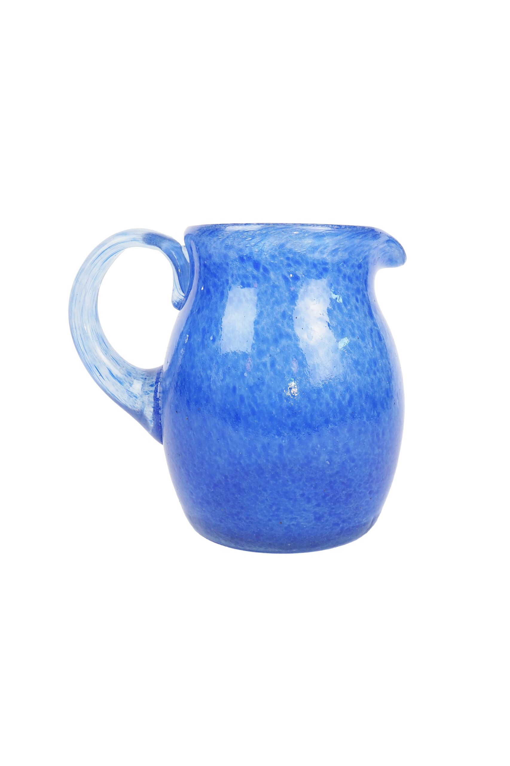 A hand blown Vintage Gass Jug with a blue speckle pattern and bubbles running through the glass. Wildmore