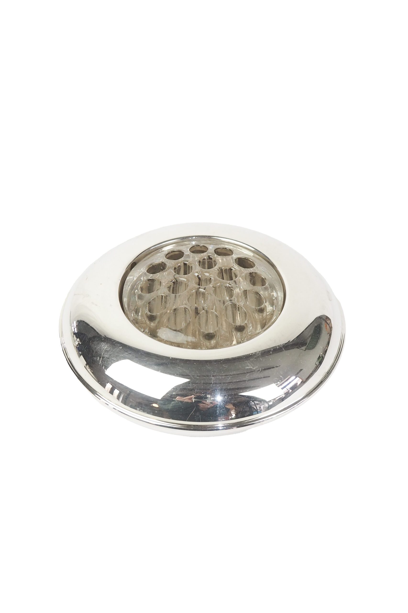 A vintage Silver Plate Flower Bowl with original glass flower frog. Filled with water, this mid century flower dish and flower frog is an elegant way to display your long stem flowers. Wildmore