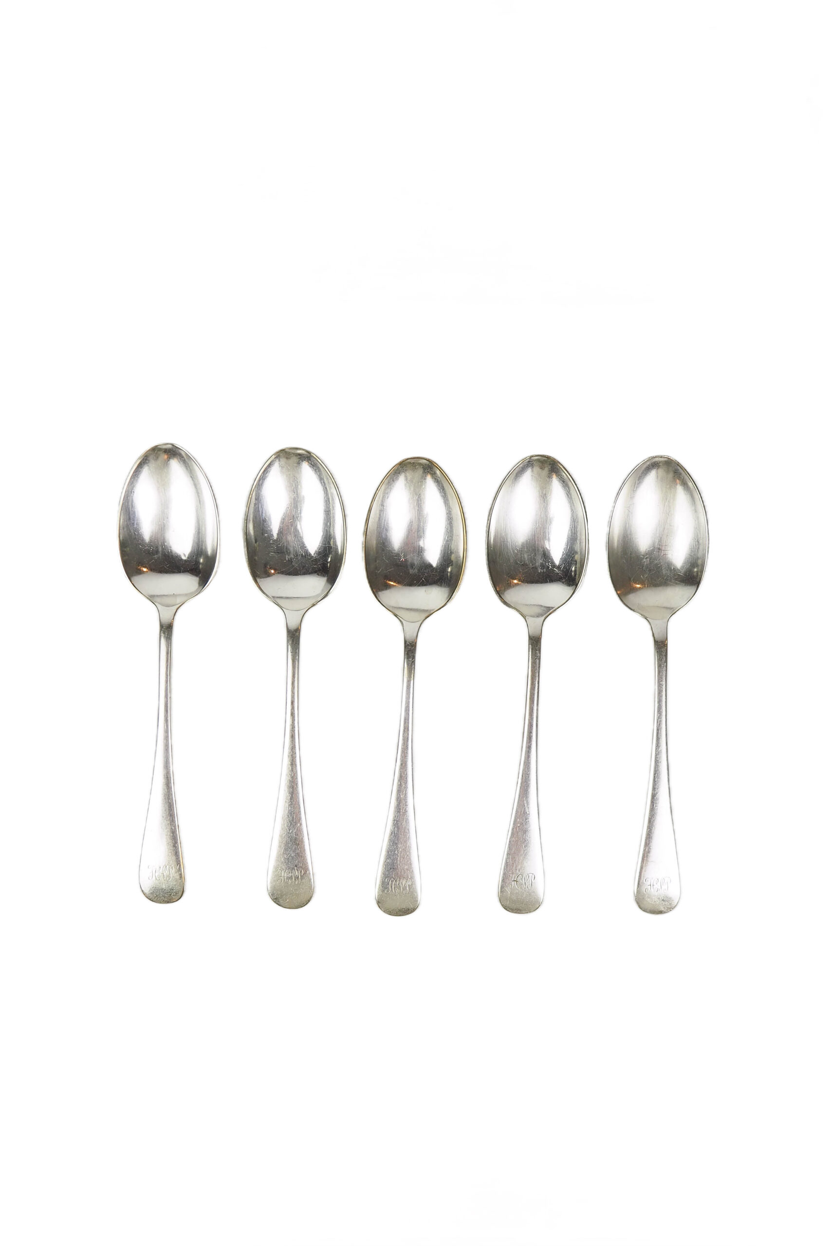 A set of 5 Antique Silver Plate Teaspoons are monogrammed HJP.