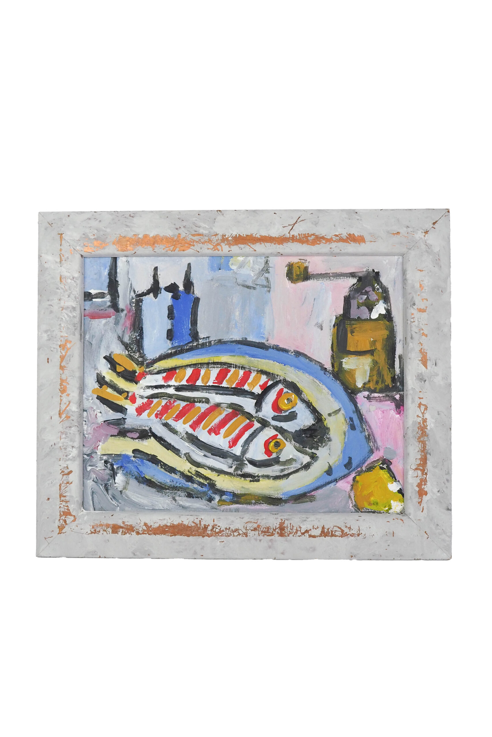 A wonderful Oil and acrylic on Board Framed Fish Painting. This painting is full of character and has a beautiful pastel colour palette.