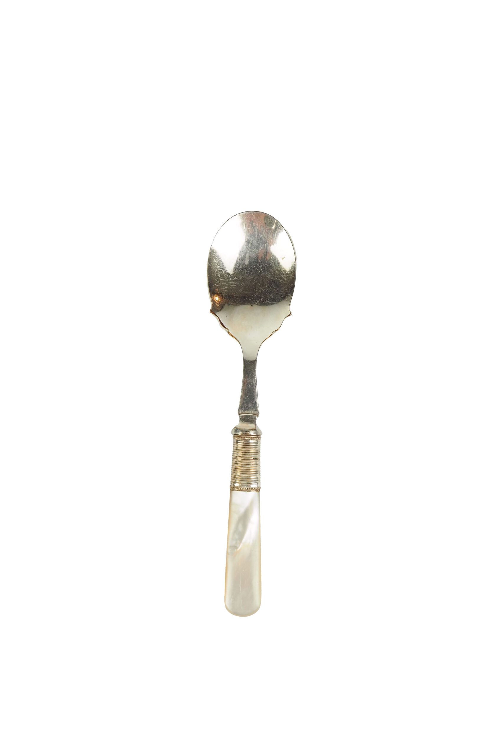 An Antique Jam Spoon With a Mother of Pearl handle and a Silver Plated neck and shallow bowl. An incredibly useful and beautiful piece of cutlery.