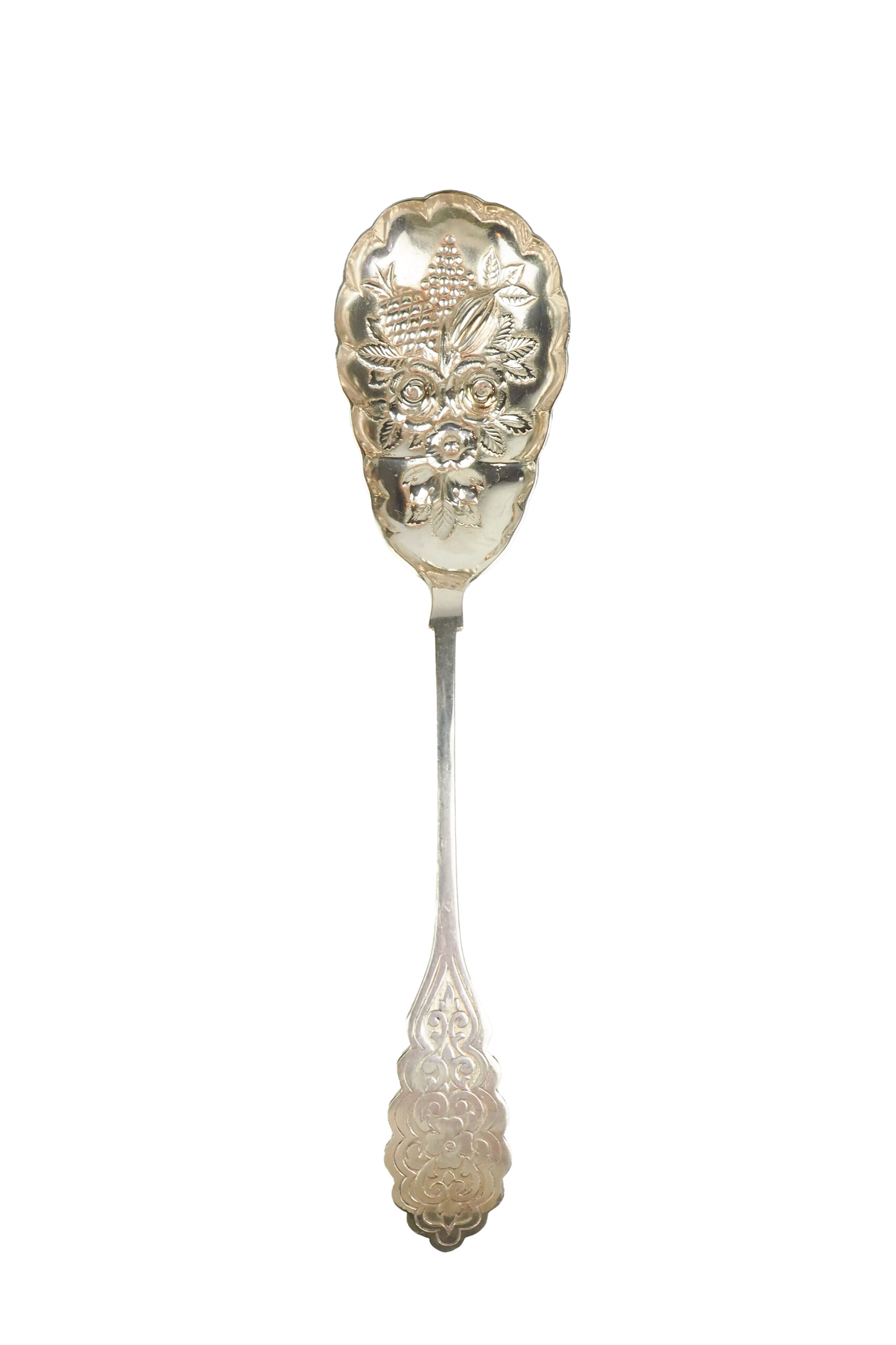 An Antique Fruit Salad Spoon With a stunning pressed pattern through the Silver Plated neck and bowl.
