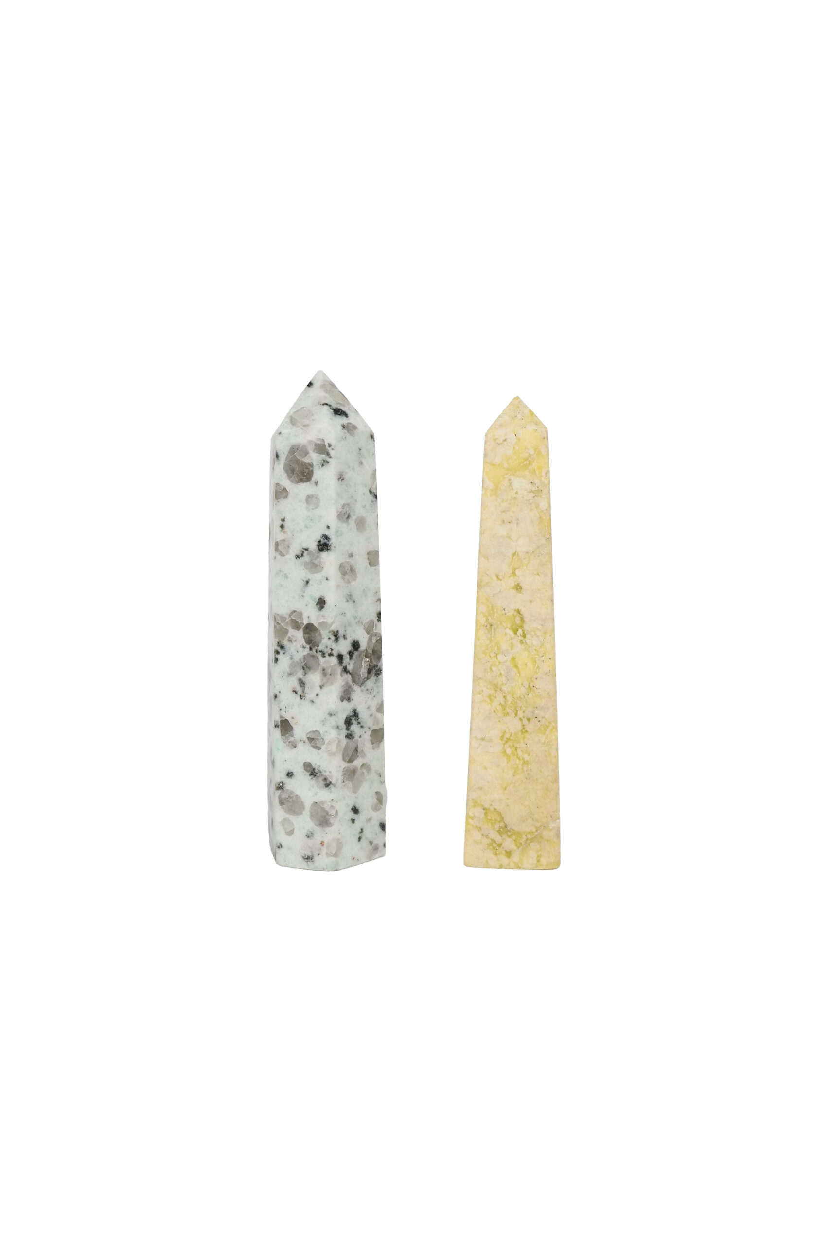 A decorative Pair of Mineral Obelisks including a Kiwi Jasper and a Serpentine Tower.