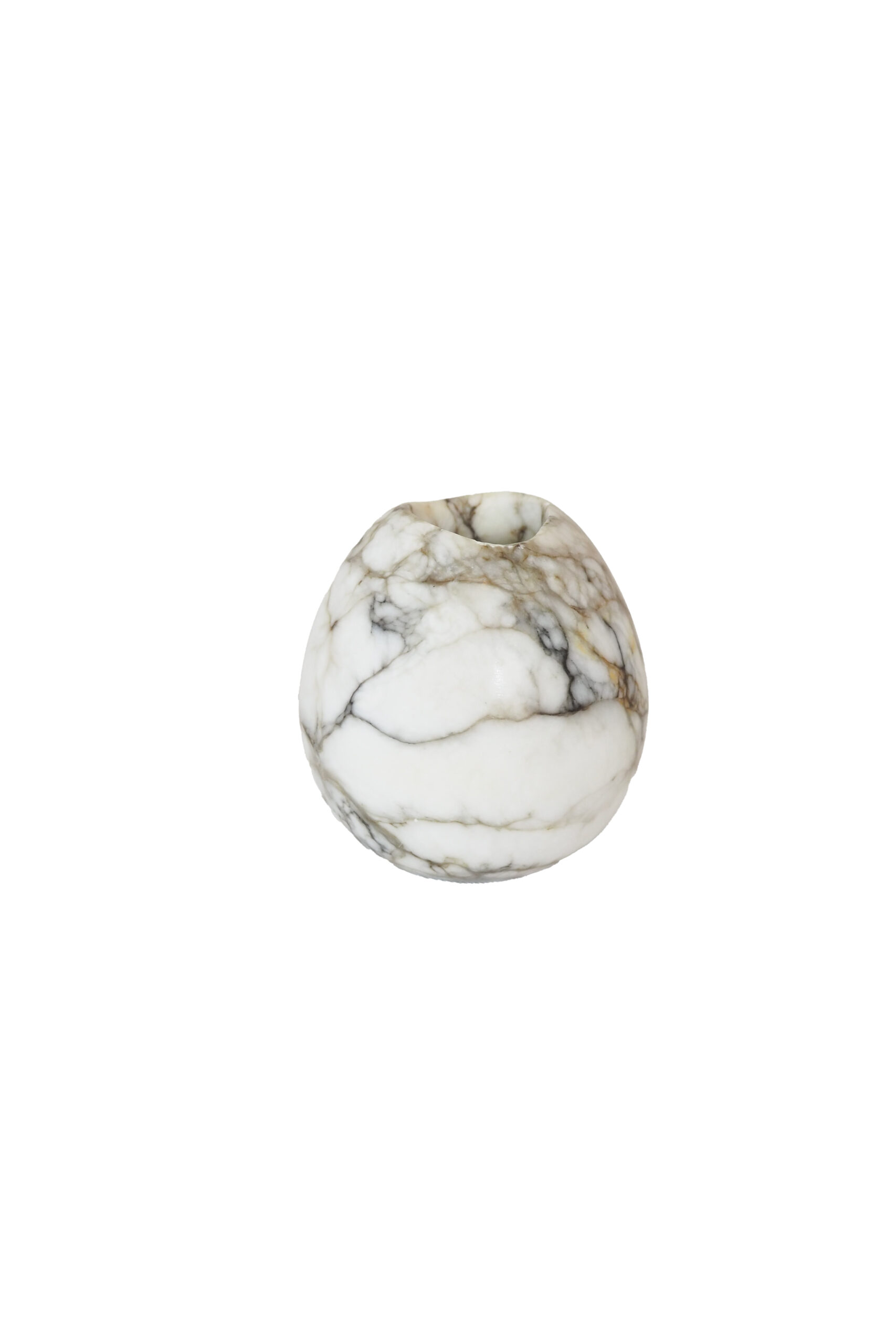 A Vintage Spherical Marble Vase with dark veins running through the white marble. Wildmore