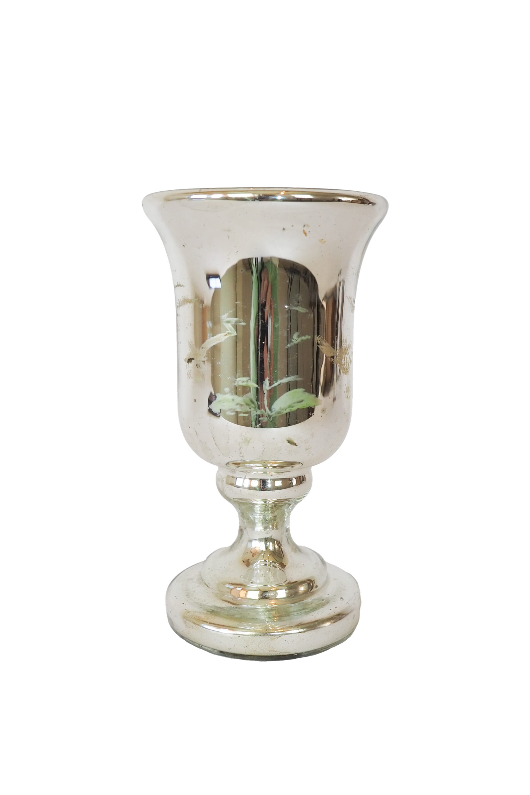 This stunning Antique French Mercury Glass Vase is a beautiful example of mouth blown mirrored mercury glass with remnants of a hand painted foliage design. 