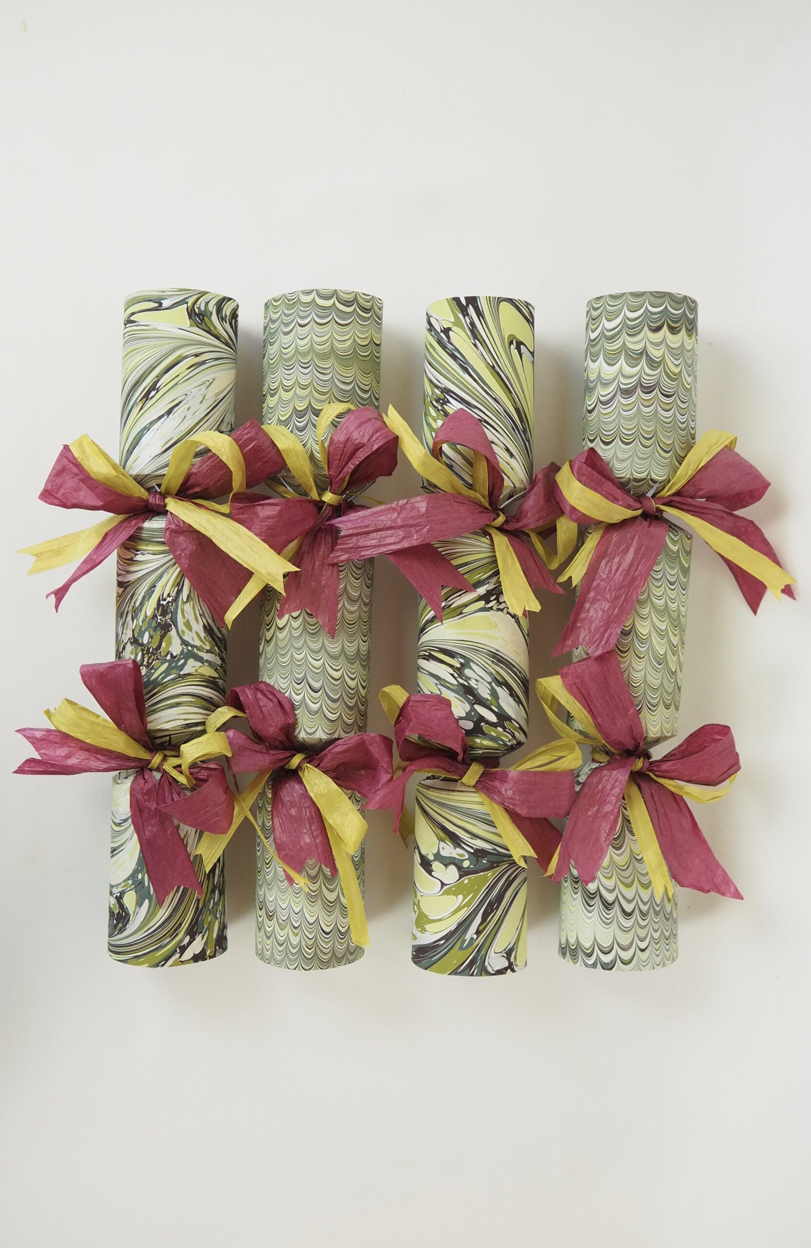 Hand Marbled Moss Christmas Crackers by Wildmore. Fill your own christmas crackers made with marbled card